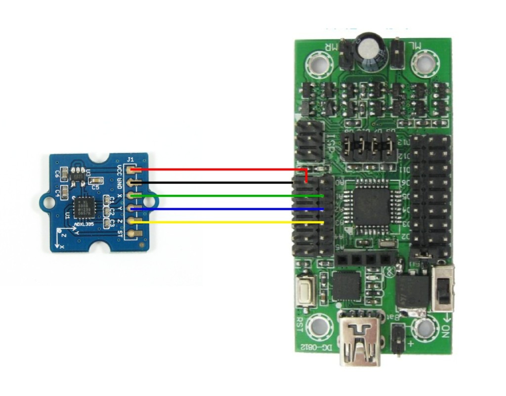Attach analog sensors such as an ADXL335 accelerometer to the ADC input pins.